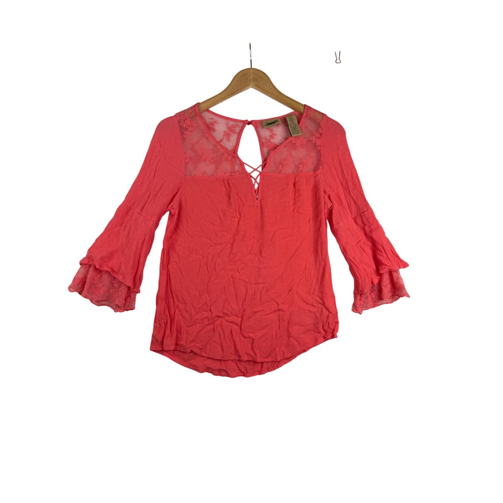 Wrangler‎ Lace Peasant Ruffle Bell Sleeve Top size Small Coral Pink